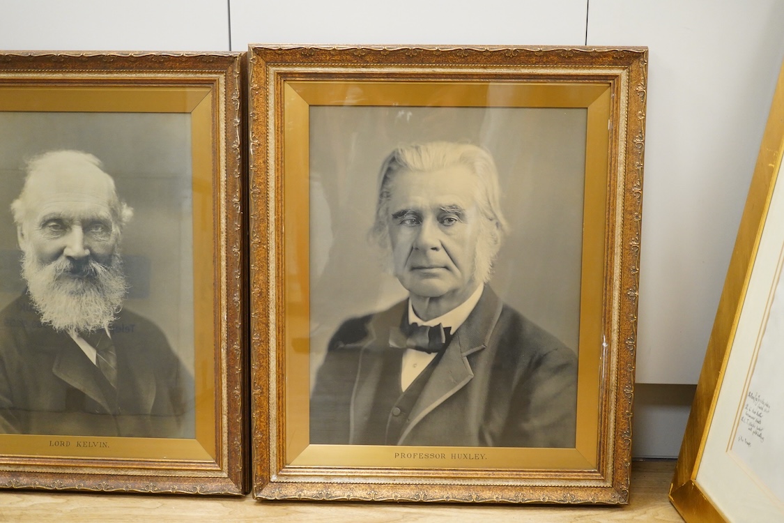 A pair of black and white photographs of Professor Huckley and Lord Kelvin, framed